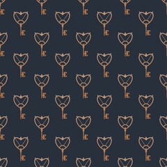 Golden Key. Vintage, Retro style. Minimalistic Icons. Graphic Vector. Repeating square Seamless Pattern. Wallpaper. Elegant geometric design. Trendy illustration. Dark background