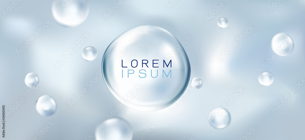 Poster translucent gray sphere with glares and bubble on clean background concept and space for your text. 
