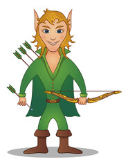 Elf Archer Standing with Bow and Arrows and Smiling, Funny Comic Cartoon Character. Vector