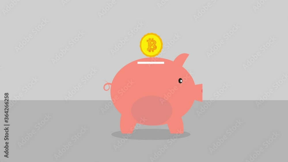 Poster bitcoin crypto currency coins falling into a pink piggy bank. animation with alpha matte