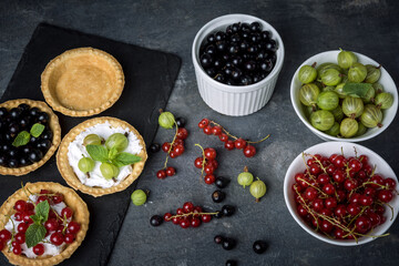 fruit cake on dark background with  currants and gooseberries, healthy desserts