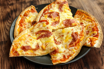 Delicious oven baked tortilla pizza with cheese and salami