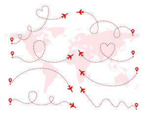 Set of red love airplane routes. Air plane flight route with start point and dash line trace. Romantic travel, heart dashed path isolated on world map background. Vector illustration.	