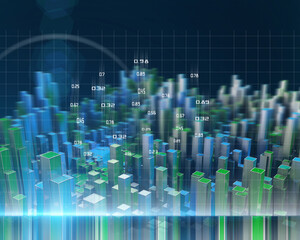 3D illustration abstract  infographic with blue green columns and blurred lines. Big Data. Business and finance analytics representation.  Futuristic geometric analyze data concept.
