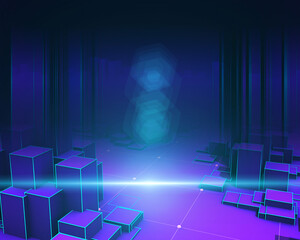 3D illustration abstract  infographic with blue  wireframe boxes and light lines effects.  Business and finance analytics representation banner.  Big Data.  Futuristic geometric analyze data concept.