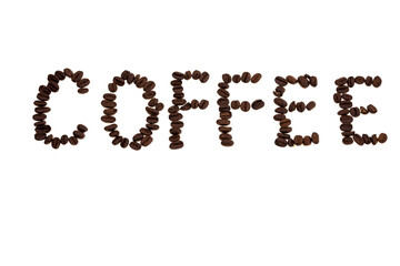 Close up view of word Coffee made of coffee beans on white background isolated. 