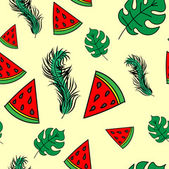 Slices of watermelon and tropical leaves on a light isolated background. Seamless pattern for clothing, fabric, wallpaper, wrapping paper, cover design.