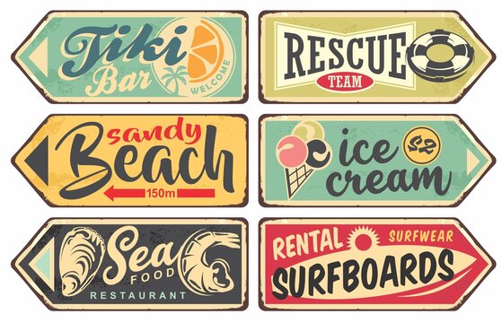 Summer signs vintage collection. Tiki bar, beach, sea food, ice cream, surfing signboards set. Vector illustration.