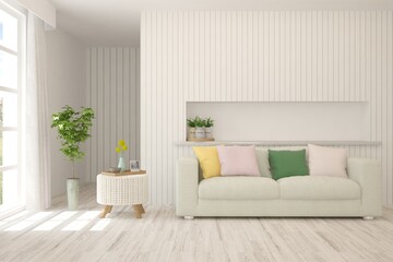 White living room with sofa. Scandinavian interior design. 3D illustration