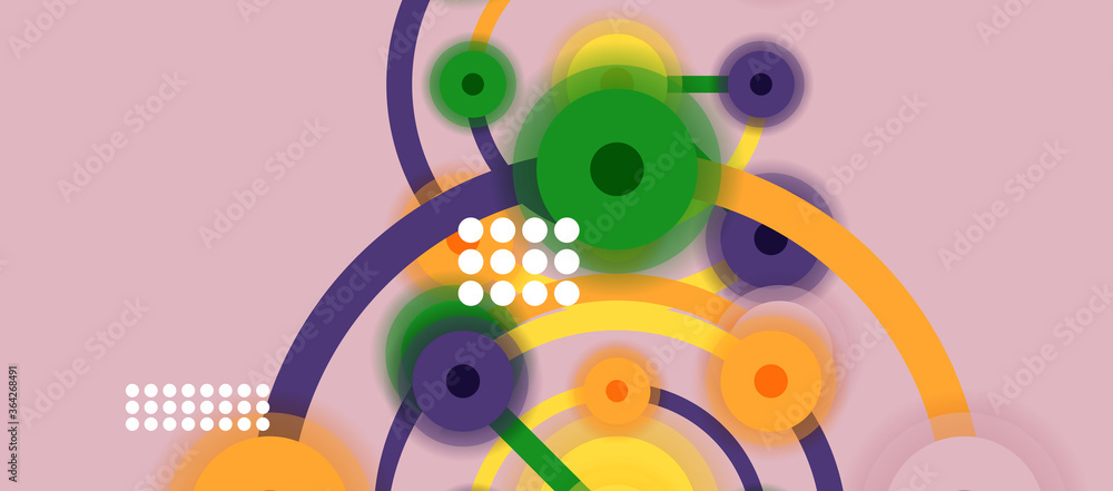 Poster flat style geometric abstract background, round dots or circle connections on color background. tech