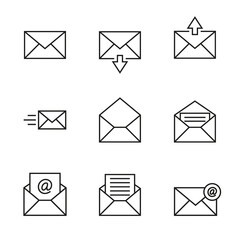 Vector icon set of envelopes, incoming and outgoing letters, mail, email.