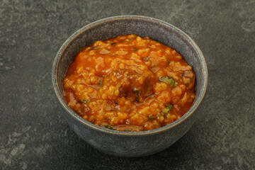 Traditional Georgian Kharcho soup with meat
