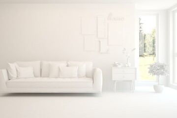 White minimalist living room with sofa. Scandinavian interior design. 3D illustration