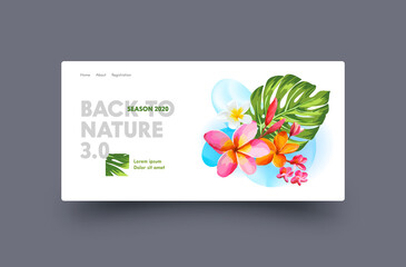 Back to Nature Landing Page Design with Exotic Plumeria or Frangipani Flowers with Green Palm Leaves. Website Template for Florist Shop, Spa Salon, Natural Tropical Blossoms. Vector Illustration