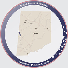 Round button with detailed map of Pickens county in Alabama, USA.