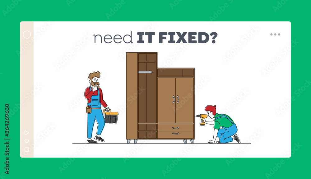 Poster furniture assembly service landing page template. carpenter worker characters with tools assembling 