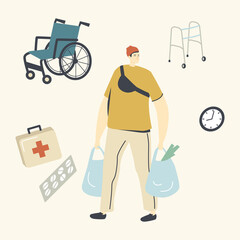 Male Character Doing Good Deal Helping and Support Aged Pensioners at Coronavirus Pandemic. Kind Selfless Volunteer Help Seniors Walking to Buy Grocery Products in Store. Linear Vector Illustration