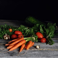 food photography of different kind of organic farm garden vegetable, side view, on a old wooden textured boards
