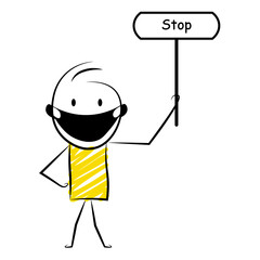 cartoon stickman: Holding board of stop. Vector Illustration