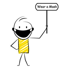 cartoon stickman: Holding board of wear a mask. Vector Illustration