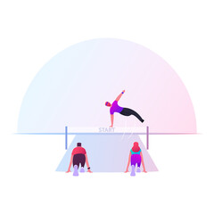 Business People or Sportsmen Characters Running with Obstacles Competition. Businessman Jump over Barrier. Leadership, Sport Challenge, Sprint on Stadium, Leader Chase. Cartoon Vector Illustration