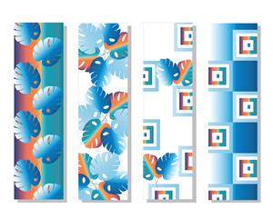 four bookmarks vector set with tropical leaves in blue and orange colors
