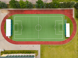 Empty stadium soccer field, top down view