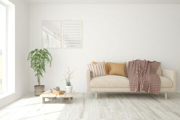 White living room with sofa. Scandinavian interior design. 3D illustration