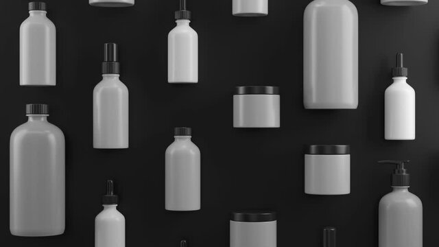 3d render of beauty bottles on dark background . Cosmetic bottle 3d background. Set of body care flasks with abstract liquid. Loop animation sequence.
