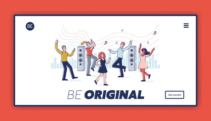 Landing page with people dancing and enjoying music. Group of young men and women on corporate party