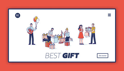 Holiday gifts landing page design with cartoon people giving and receiving presents