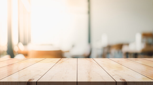 Empty wooden top table with blur coffee shop background