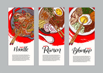 three banners with different asian food