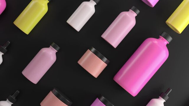 3d render of beauty bottles on dark background . Cosmetic bottle 3d background. Set of body care flasks with abstract liquid. Loop animation sequence.

