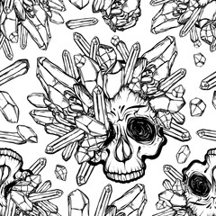 Vector illustration. skull with crystals, mysticism, tattoos. Handmade, prints on T-shirts,seamless pattern,light background