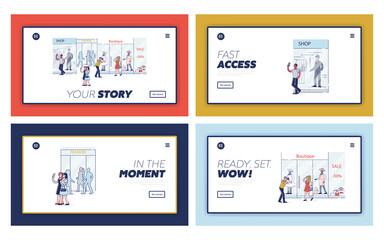 Set of landing pages with photo concept and cartoon characters making photography