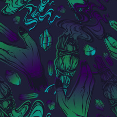 Vector illustration. Smudge Sticks, hands, crystals, mysticism, tattoos. Handmade, prints on T-shirts, background dark blue, seamless pattern, purple green blue color