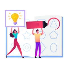 Graphic Designers Create Logotype. Creative Studio Working Process. Tiny Male Female Characters Painting Geometric Shapes for Company Logo. Great Idea Inspiration. Cartoon People Vector Illustration