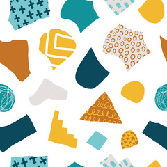 Seamless pattern with cutout torn shapes. Hand drawn vector illustration with texture. Modern abstract static concept for textile, fabric, apparel.