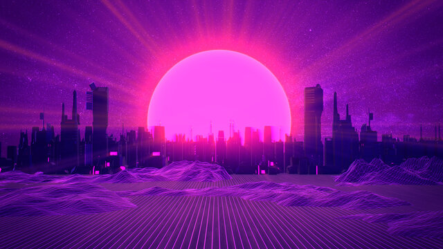 Retro City Skyline Neon Glowing Sun And Starry Sky Synthwave Retrowave Vaporwave Background 3d Illustration Stock Illustration Adobe Stock