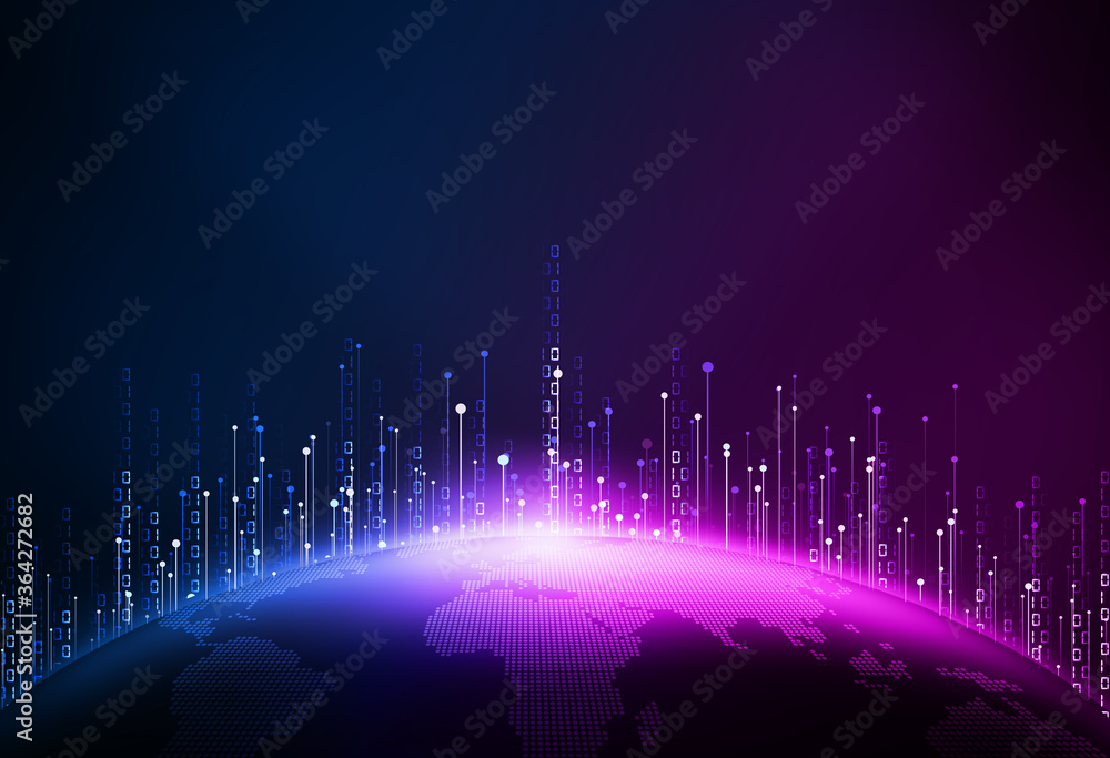 Poster digital earth, dotted line, 01 binary data combination, meaning globalization, internationalization,