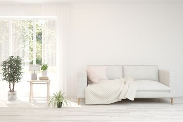 White living room with sofa. Scandinavian interior design. 3D illustration