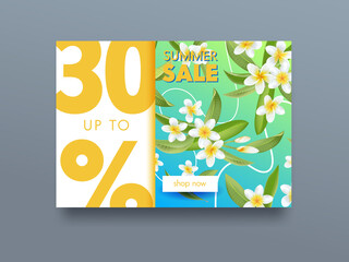 Summer Sale Tropical Ad Poster with Exotic Plumeria Flowers and Green Leaves. Promo Flyer Design, Clearance Off Concept. Promotional Banner for Summertime Discount Offer. Cartoon Vector Illustration