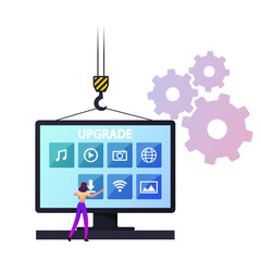 Program Upgrading Concept. Tiny Female Character at Huge Computer Desktop Touching App Buttons Upgrade to Applications and Software, Building Crane Pull Up Pc Monitor. Cartoon Vector Illustration