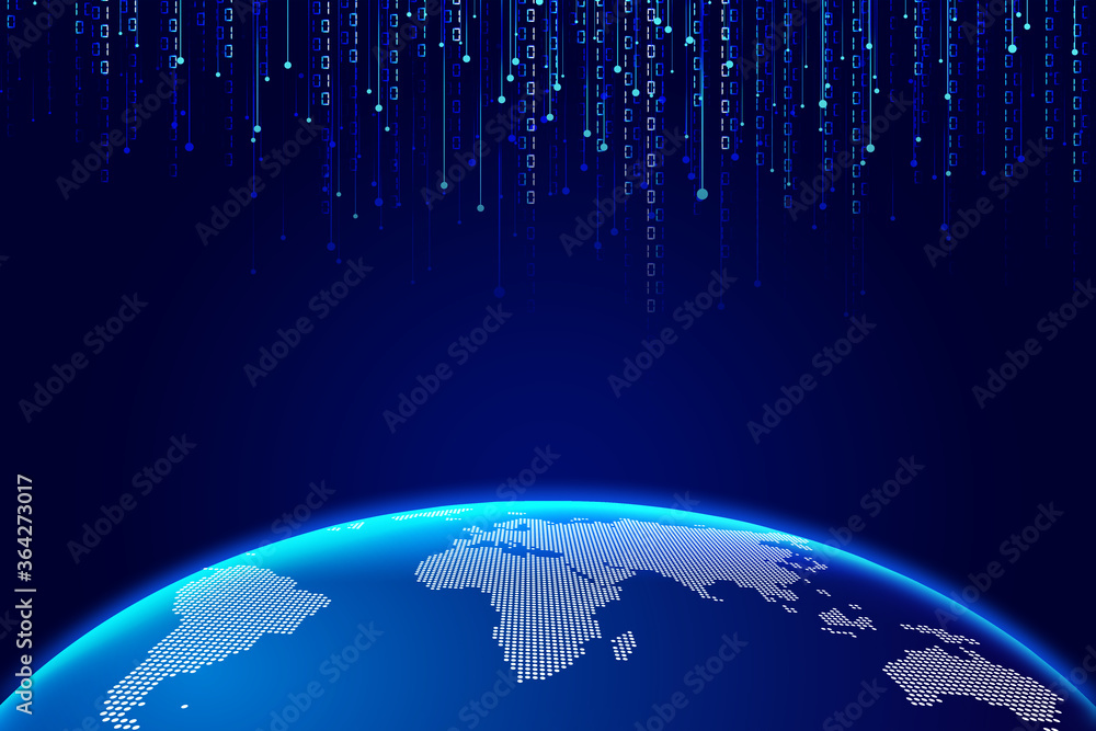 Poster digital earth, dotted line, 01 binary data combination, meaning globalization, internationalization,