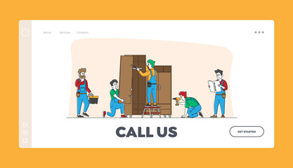 Furniture Assembling Landing Page Template. Workers Repair and Installation Works. Carpenter and Craftsman Characters Assembly Wardrobe with Shelves Using Tools. Linear People Vector Illustration
