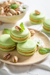 Homemade pistachio macaroons as a tasty small snack