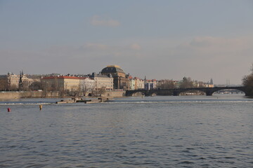 The romantic Vltava river,  the beautiful Charlies Bridge and other historic buildings in Prague, Czech Republic