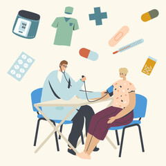 Medical Check Up, Checking Arterial Pressure Concept. Male Doctor Character Using Tonometer for Measuring Female Patient Blood Pressure. Health Care Monitoring. Linear People Vector Illustration