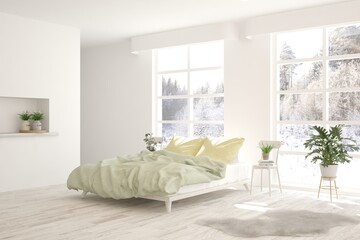 White bedroom interior. Scandinavian design. 3D illustration